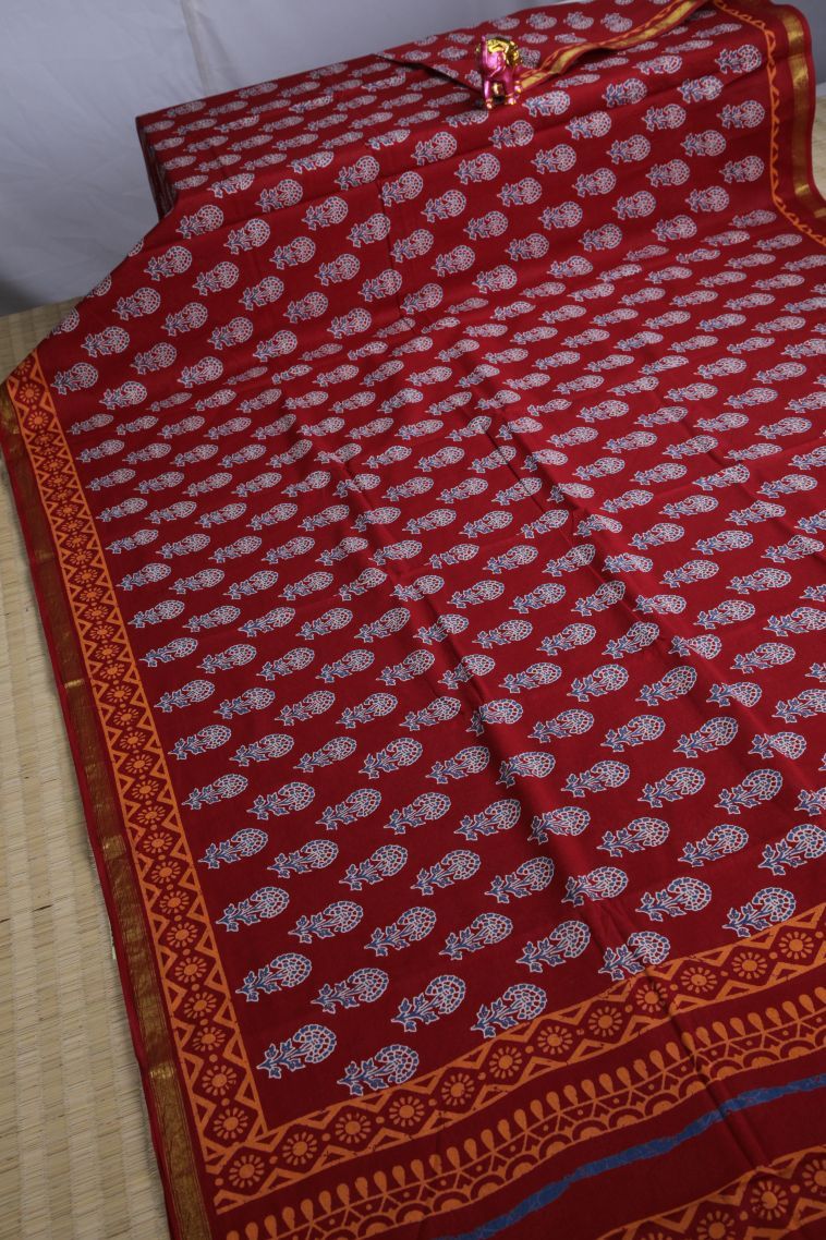 Crimson Red Chanderi Cotton Sarees with Without Zari Zari Floral Patterns view 2
