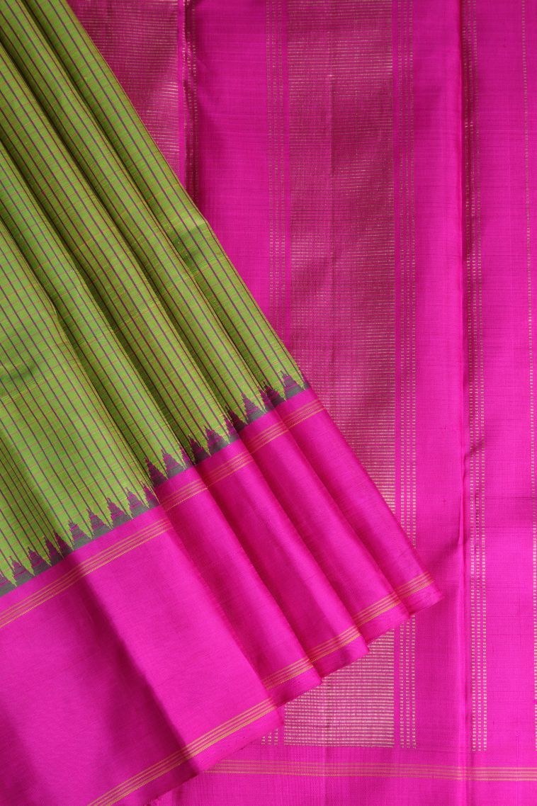 Pear Green Kanchipuram Silk Sarees with Without Zari Zari Checks view 1