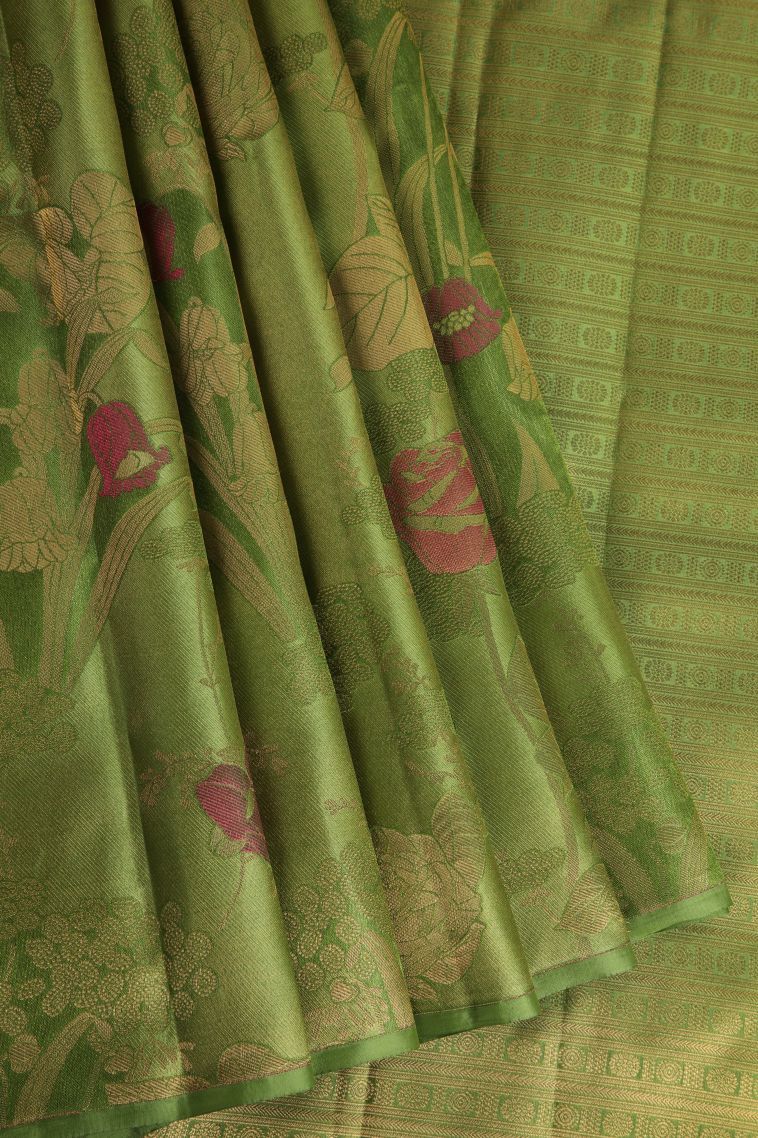 Pear Green Silk Sarees with Gold Zari Floral Patterns view 1