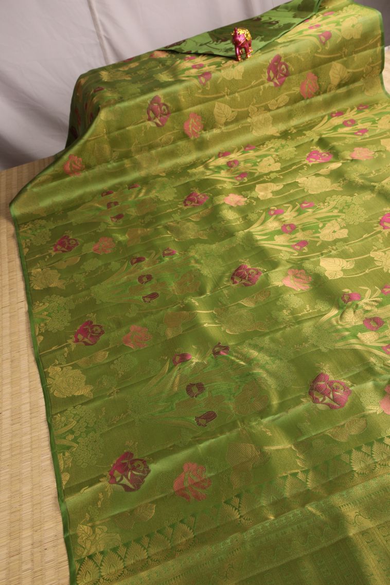 Pear Green Silk Sarees with Gold Zari Floral Patterns view 2