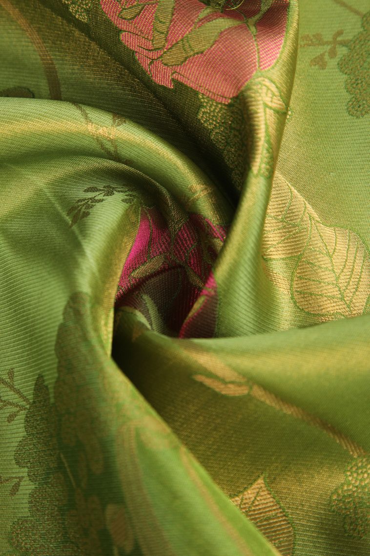 Pear Green Silk Sarees with Gold Zari Floral Patterns view 4