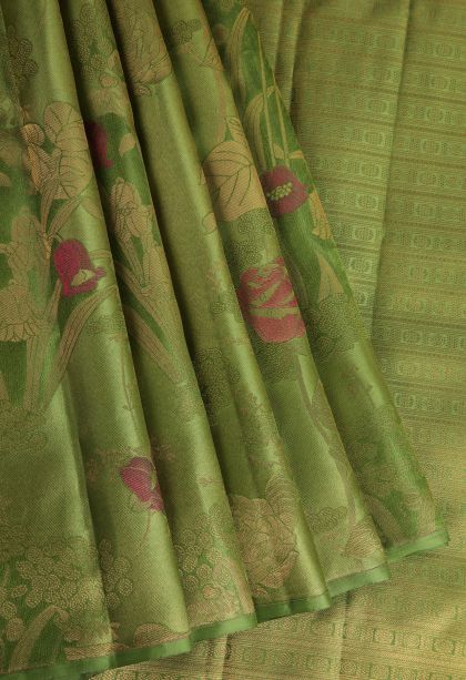 Pear Green Silk Sarees with Gold Zari Floral Patterns