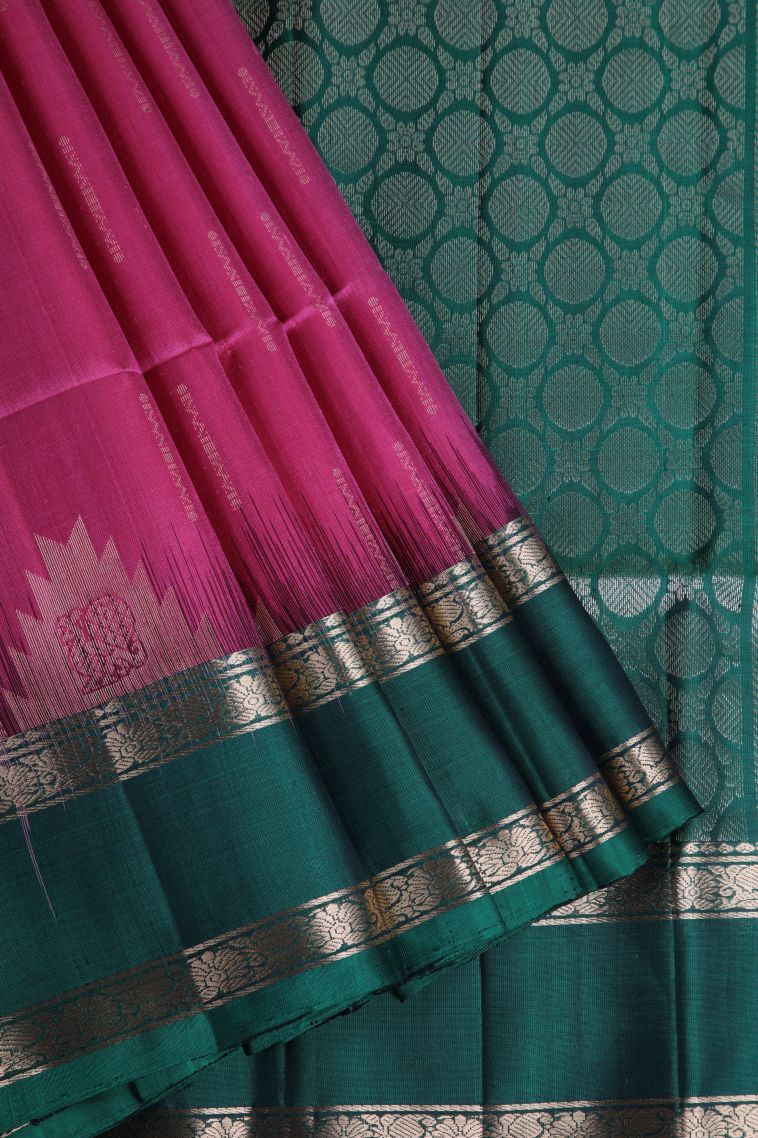 Fuscia Pink Soft Silk Saree with Gold Zari Geometric Shapes view 1