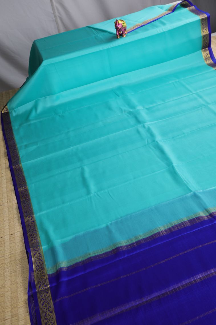Arctic Blue Mysore Silk with Gold Zari Plain view 2