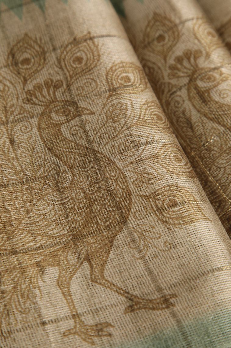 Pistachio Green Jute Sarees with Gold Zari Horizontal Model view 4