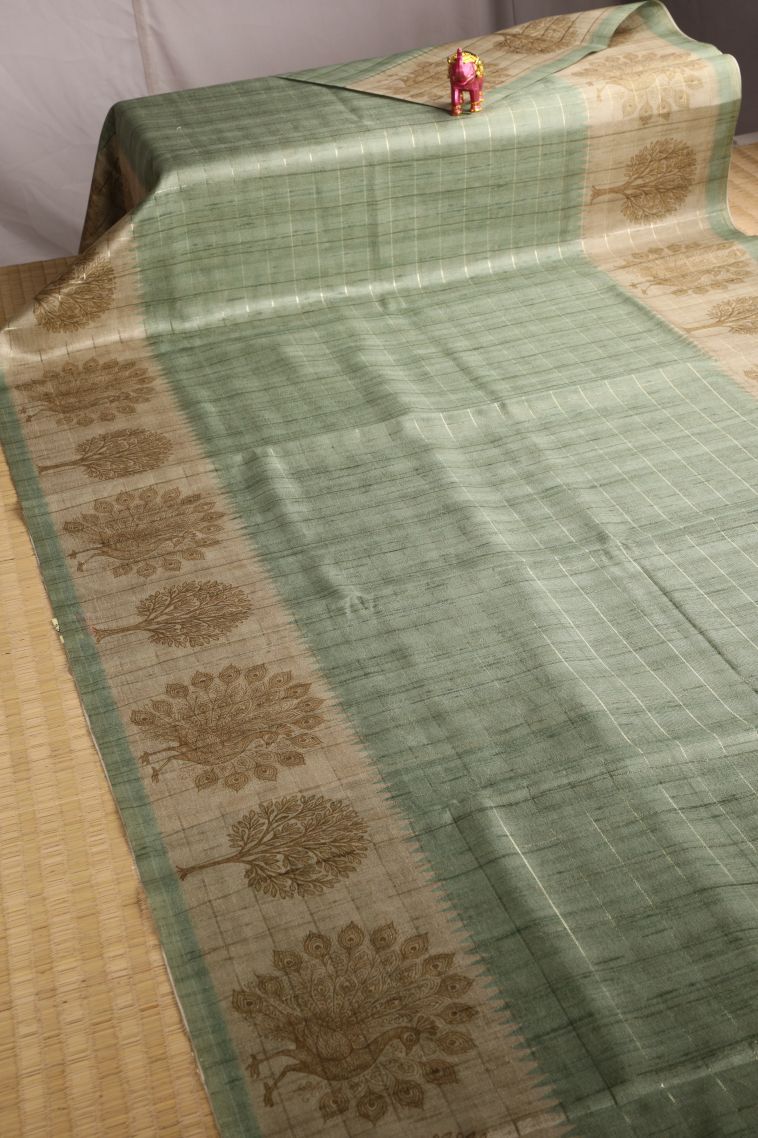 Pistachio Green Jute Sarees with Gold Zari Horizontal Model view 2