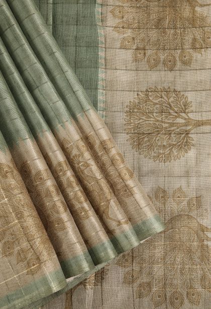 Pistachio Green Jute Sarees with Gold Zari Horizontal Model