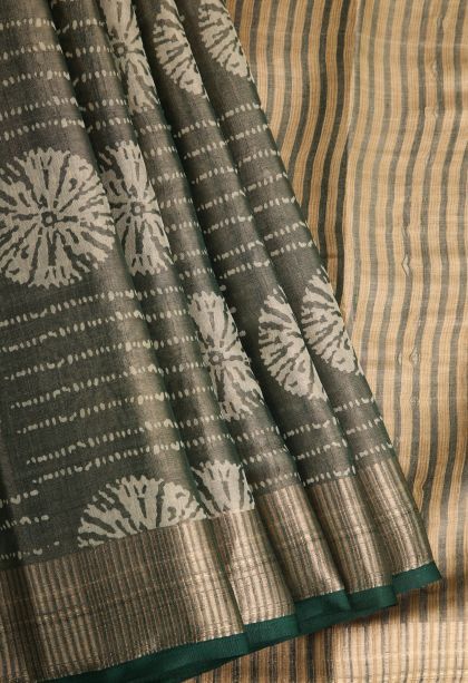 Bottle Green Semi Raw Silk Printed with Gold Zari Bandhani / Tie Dye