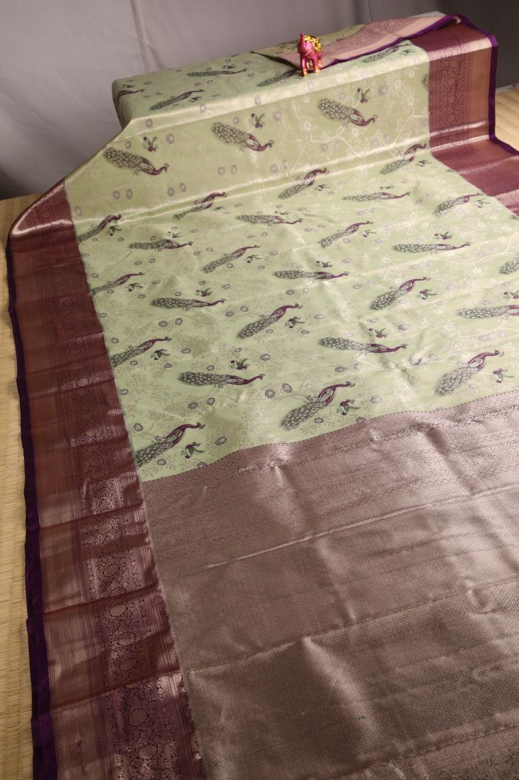 Mint Green Tissue Silk Sarees with Copper Zari Peacock Motifs view 2