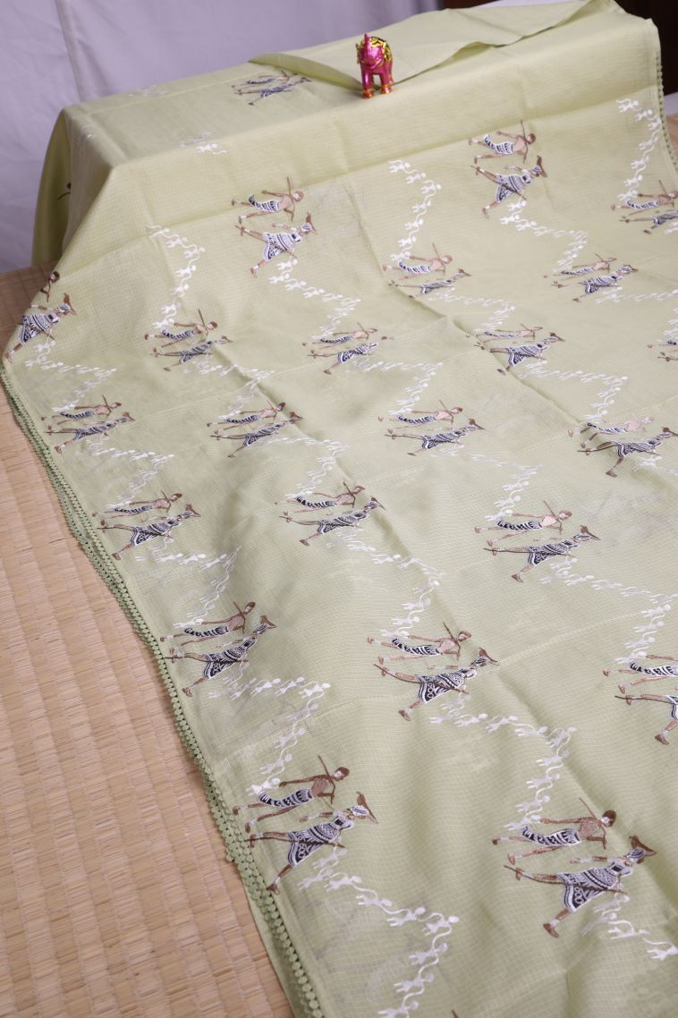 Pistachio Green Organza Saree with Without Zari Zari Tribal Or Folk Art view 2