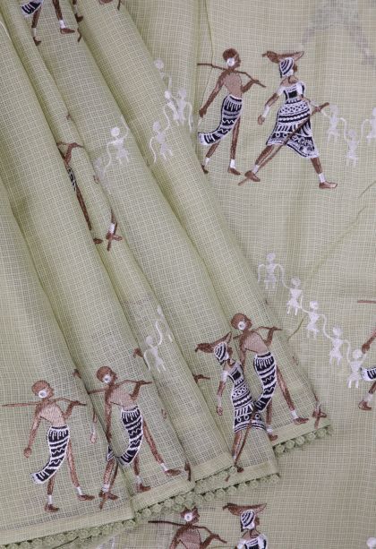 Pistachio Green Organza Saree with Without Zari Zari Tribal Or Folk Art