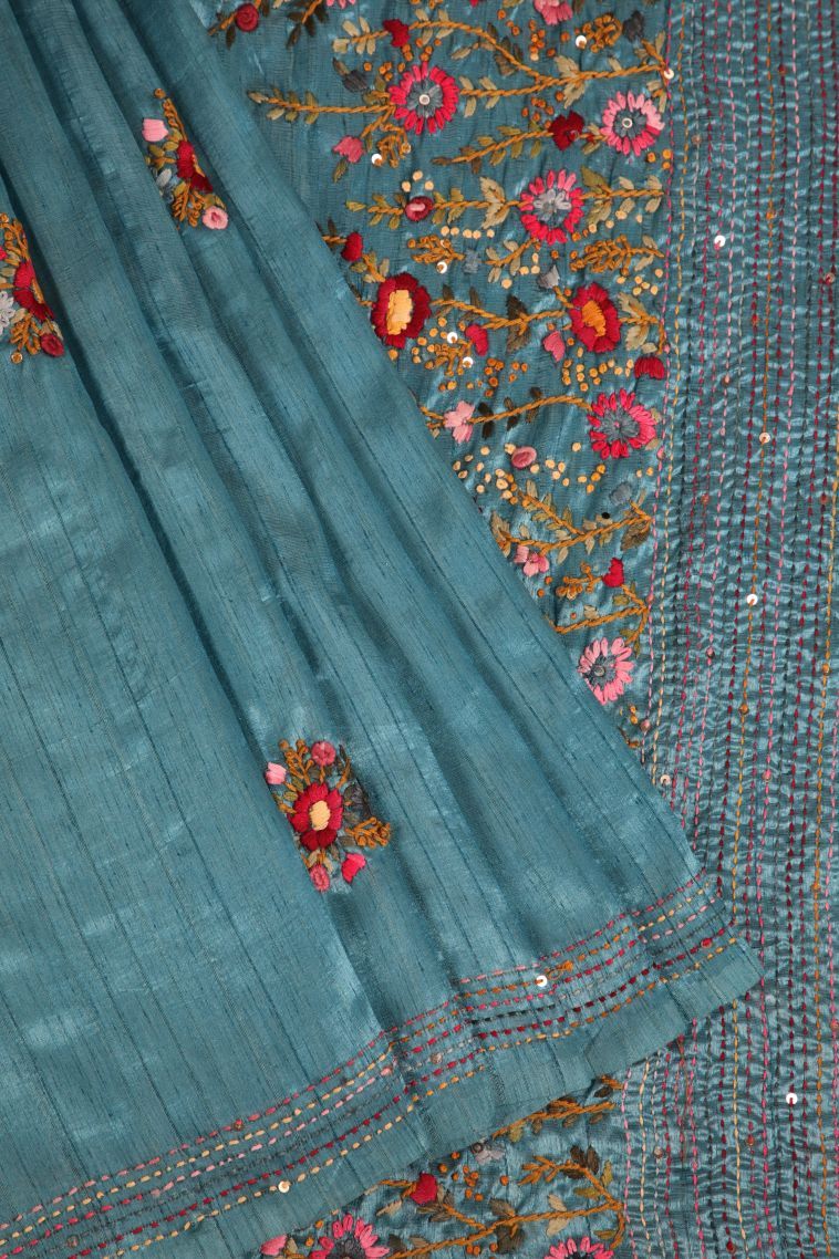 Cerulean Blue Jute Sarees with Without Zari Zari Floral Patterns view 1