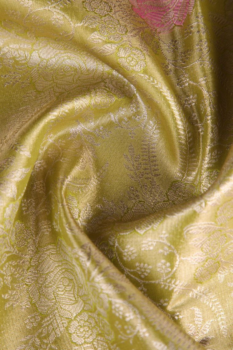 Olive Green Tissue Silk Sarees with Gold Zari Floral Patterns view 4
