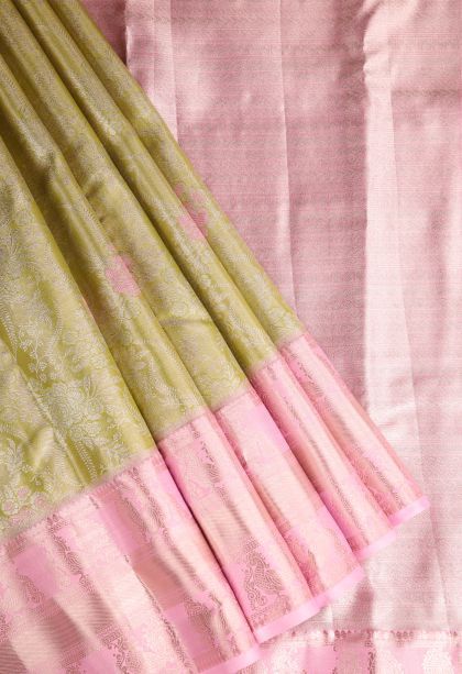 Olive Green Tissue Silk Sarees with Gold Zari Floral Patterns