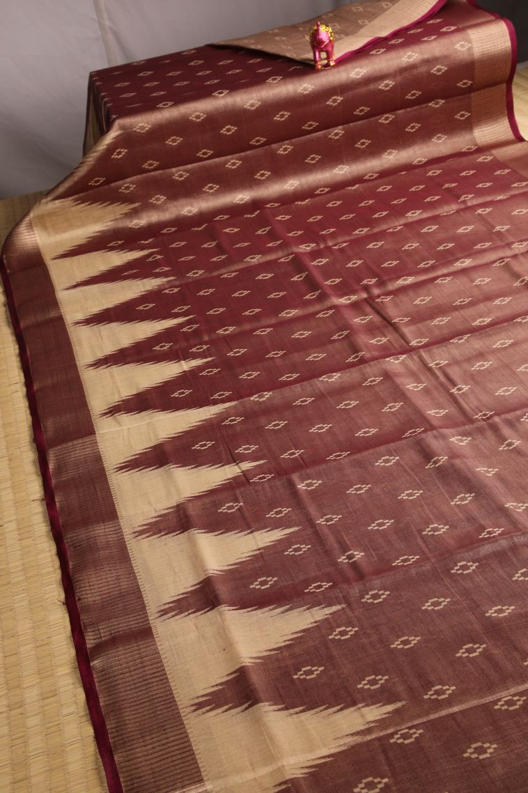 Bosenberry Purple Semi Raw Silk Printed with Gold Zari Floral Puttas view 2