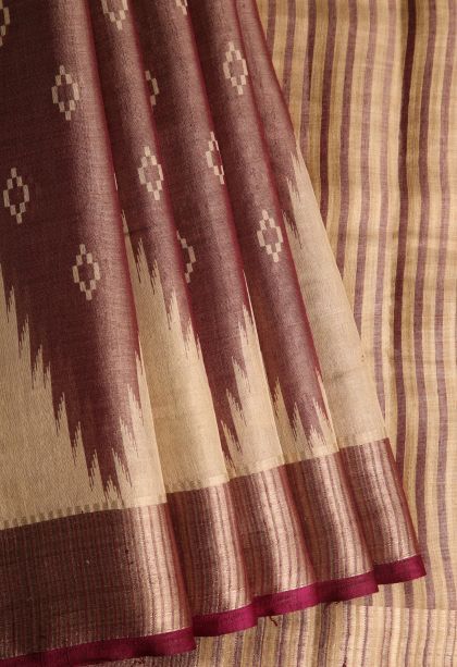 Bosenberry Purple Semi Raw Silk Printed with Gold Zari Floral Puttas