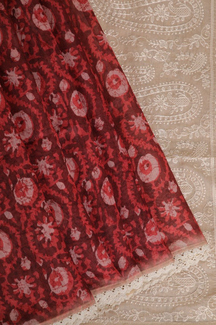 Dawn Red Fancy Saree with Without Zari Zari Floral Patterns view 1