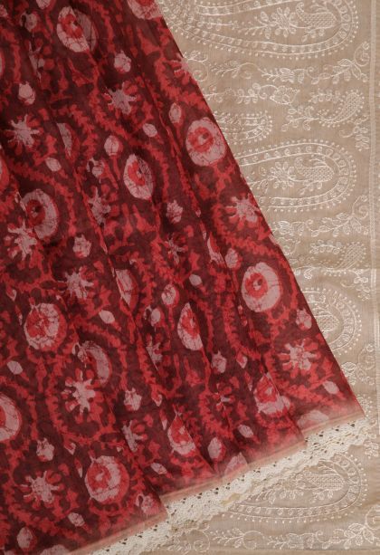 Dawn Red Fancy Saree with Without Zari Zari Floral Patterns