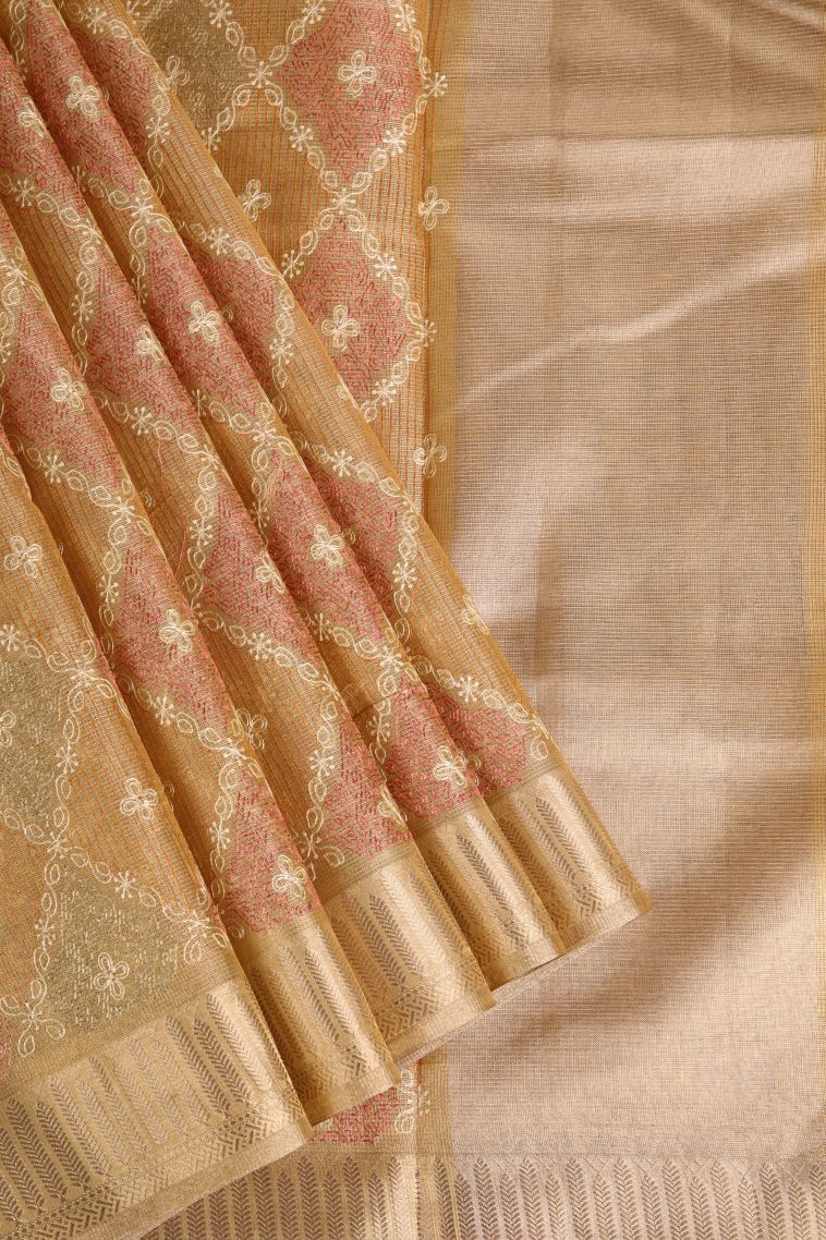 Sepia Yellow Tissue Silk Sarees with Gold Zari Geometric Shapes