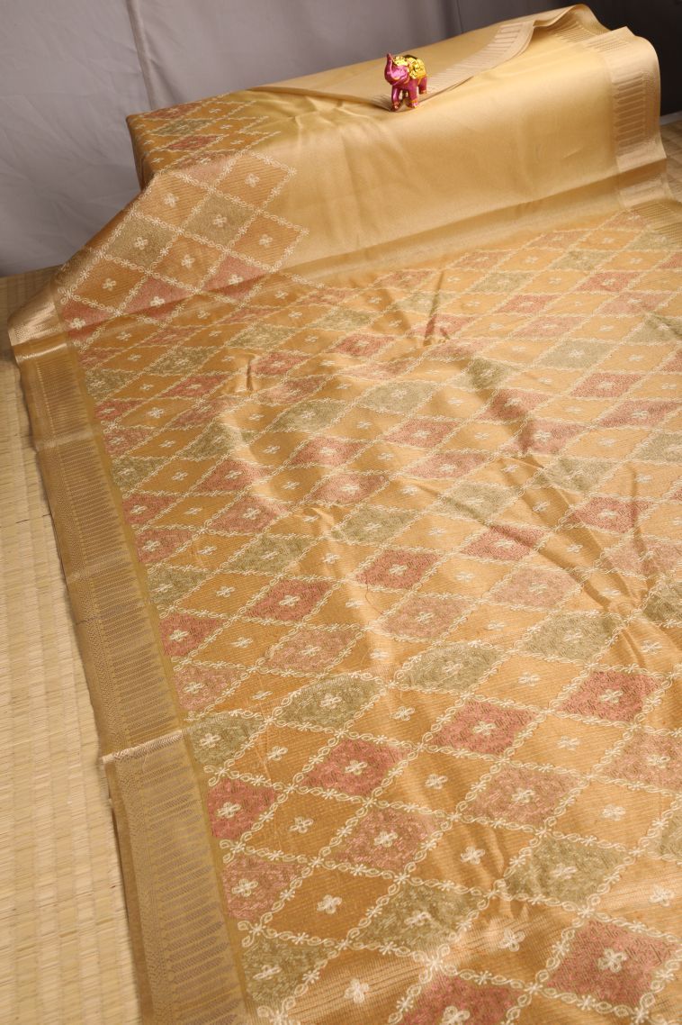 Sepia Yellow Tissue Silk Sarees with Gold Zari Geometric Shapes view 2