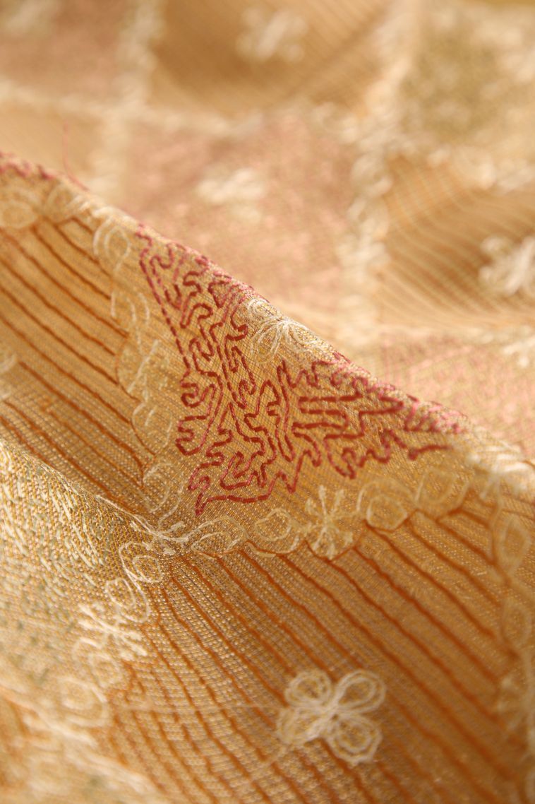 Sepia Yellow Tissue Silk Sarees with Gold Zari Geometric Shapes view 4