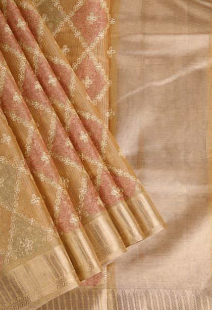 Sepia Yellow Tissue Silk Sarees with Gold Zari Geometric Shapes