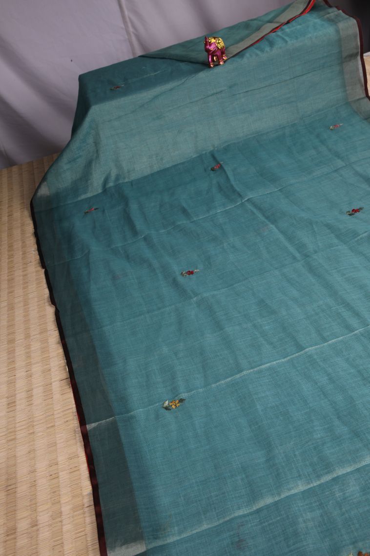 Cerulean Blue Linen Saree with Gold Zari Buttis (small Dots Or Motifs) view 2