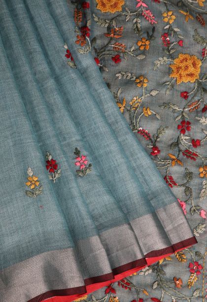 Cerulean Blue Linen Saree with Gold Zari Buttis (small Dots Or Motifs)