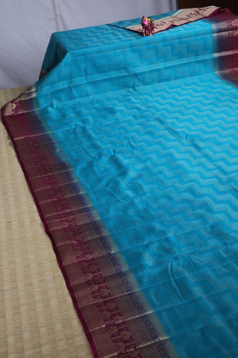 Sky Blue Raw Silk Sarees with Gold Zari Geometric Shapes view 2