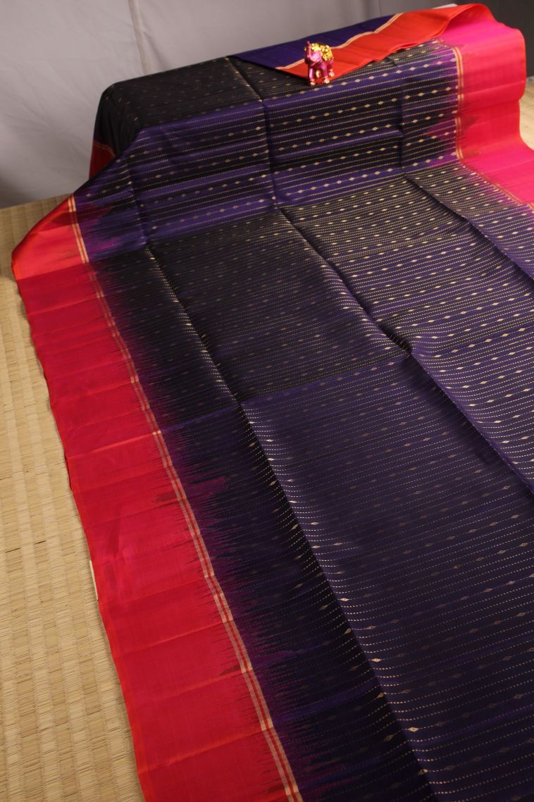 Berry Blue Soft Silk Saree with Gold Zari Raindrops Model view 2