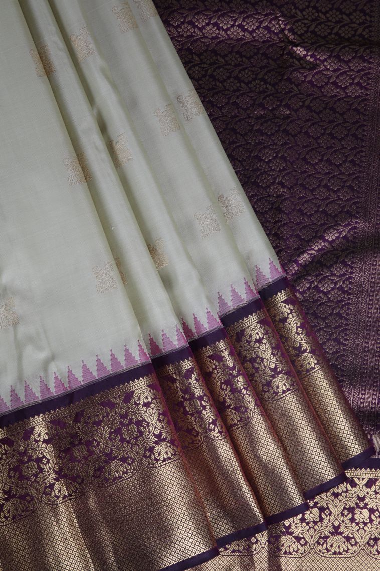 Linen White Soft Silk Saree with Gold Zari Buttis (small Dots Or Motifs) view 1