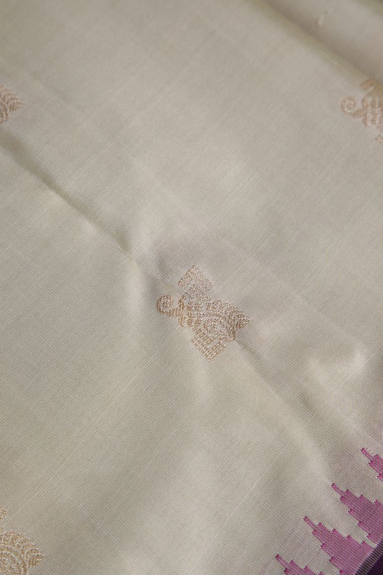 Linen White Soft Silk Saree with Gold Zari Buttis (small Dots Or Motifs) view 4
