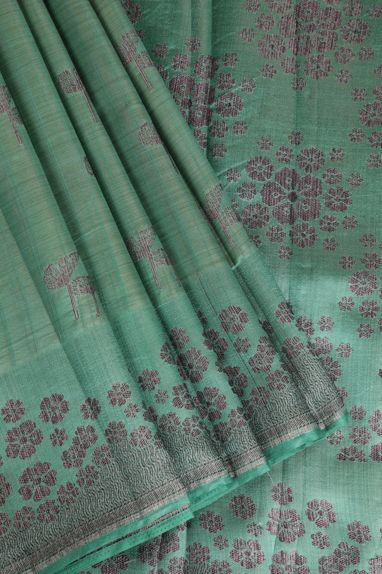 Sage Green Raw Silk Sarees with Without Zari Zari Floral Patterns view 1