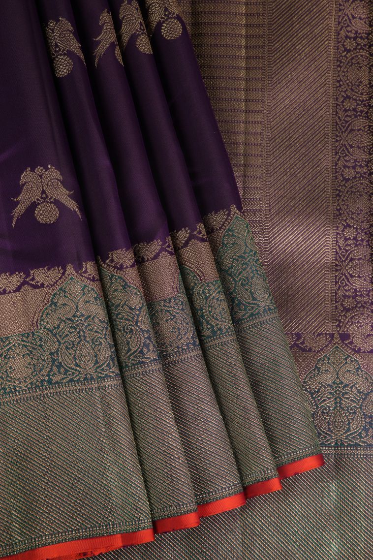 Viola Purple Kanchipuram Silk Sarees with Gold Zari Peacock Motifs view 1