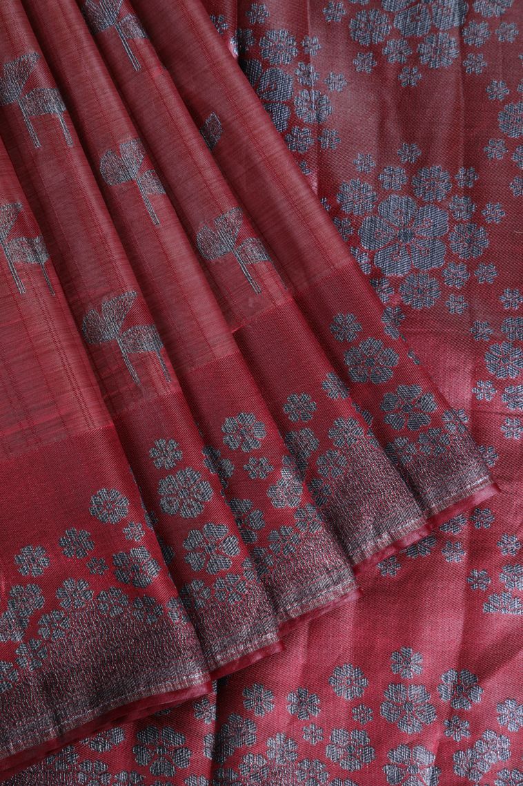 Lipstick Red Raw Silk Sarees with Without Zari Zari Floral Patterns view 1