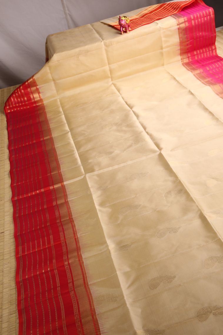 Cream White Soft Silk Saree with Gold Zari Manga view 2