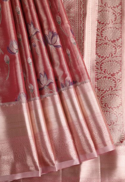 Rouge Pink Tissue Silk Sarees with Gold Zari Floral Patterns