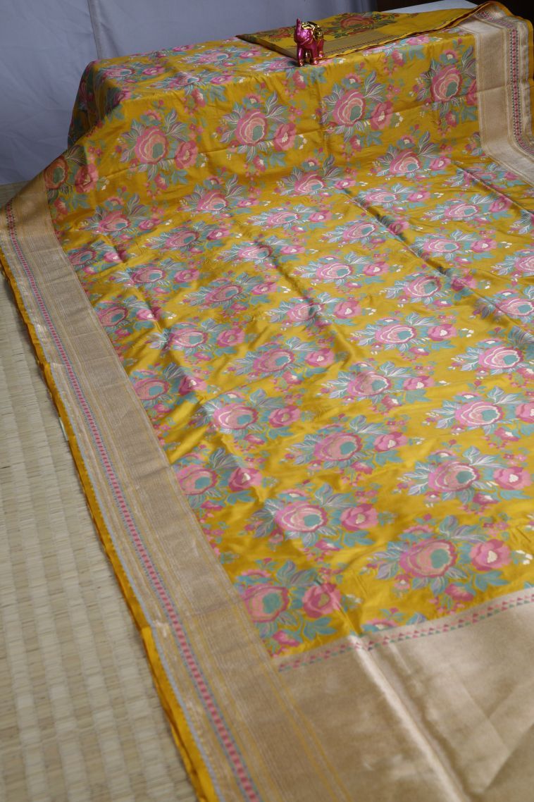 Merigold Orange Banaras Silk Saree with Gold And Silver Zari Floral Patterns view 2