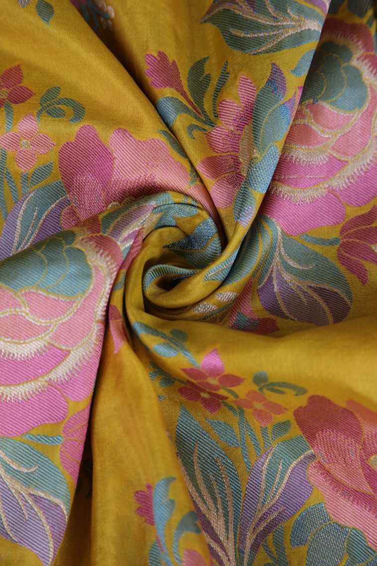 Merigold Orange Banaras Silk Saree with Gold And Silver Zari Floral Patterns view 4