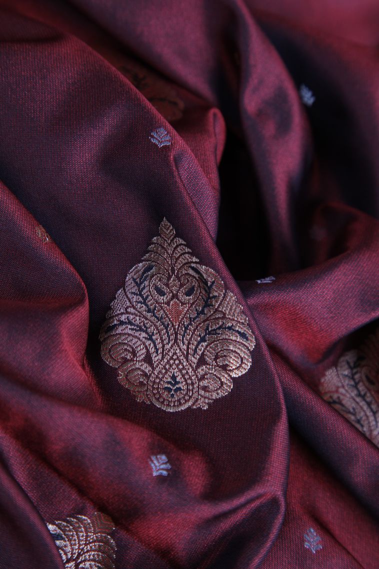 Penny Brown Soft Silk Sarees with Gold Zari Floral Patterns view 4