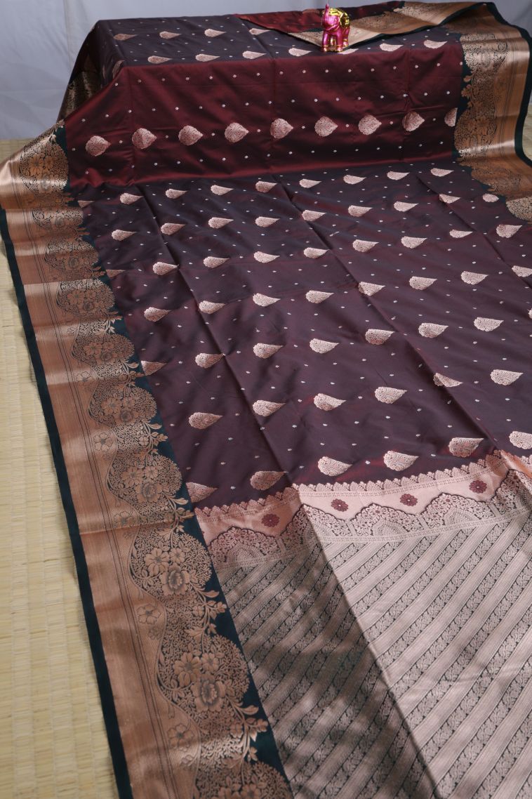 Penny Brown Soft Silk Sarees with Gold Zari Floral Patterns view 2