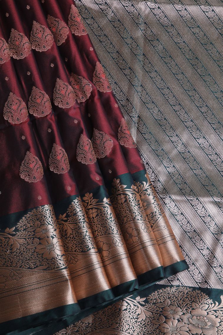 Penny Brown Soft Silk Sarees with Gold Zari Floral Patterns view 1