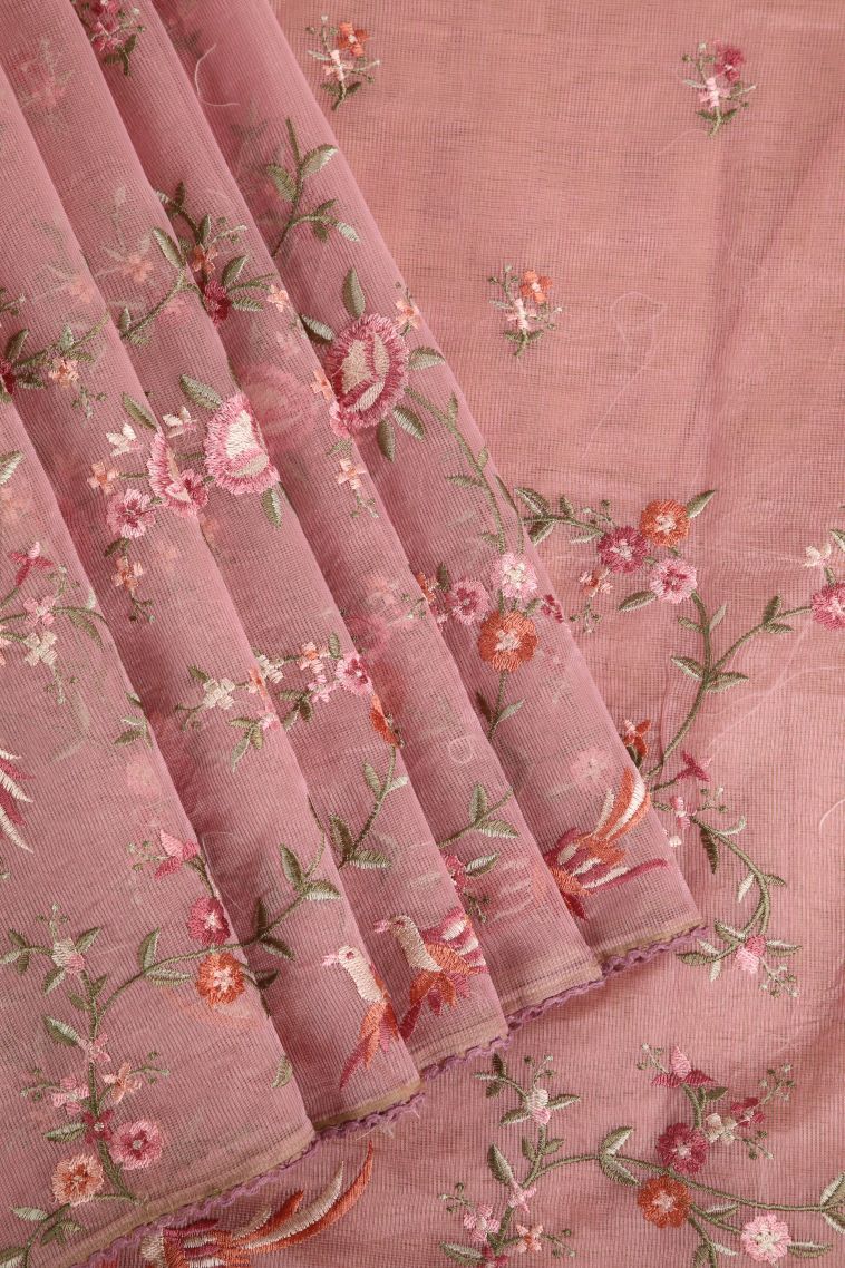 Crepe Pink Manipuri Cotton Sarees with Multy Coiour Zari Floral Patterns view 1