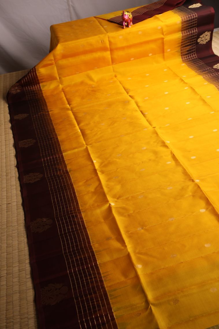 Merigold Orange Soft Silk Saree with Gold Zari Buttis (small Dots Or Motifs) view 2