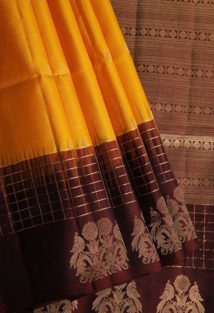 Merigold Orange Soft Silk Saree with Gold Zari Buttis (small Dots Or Motifs)