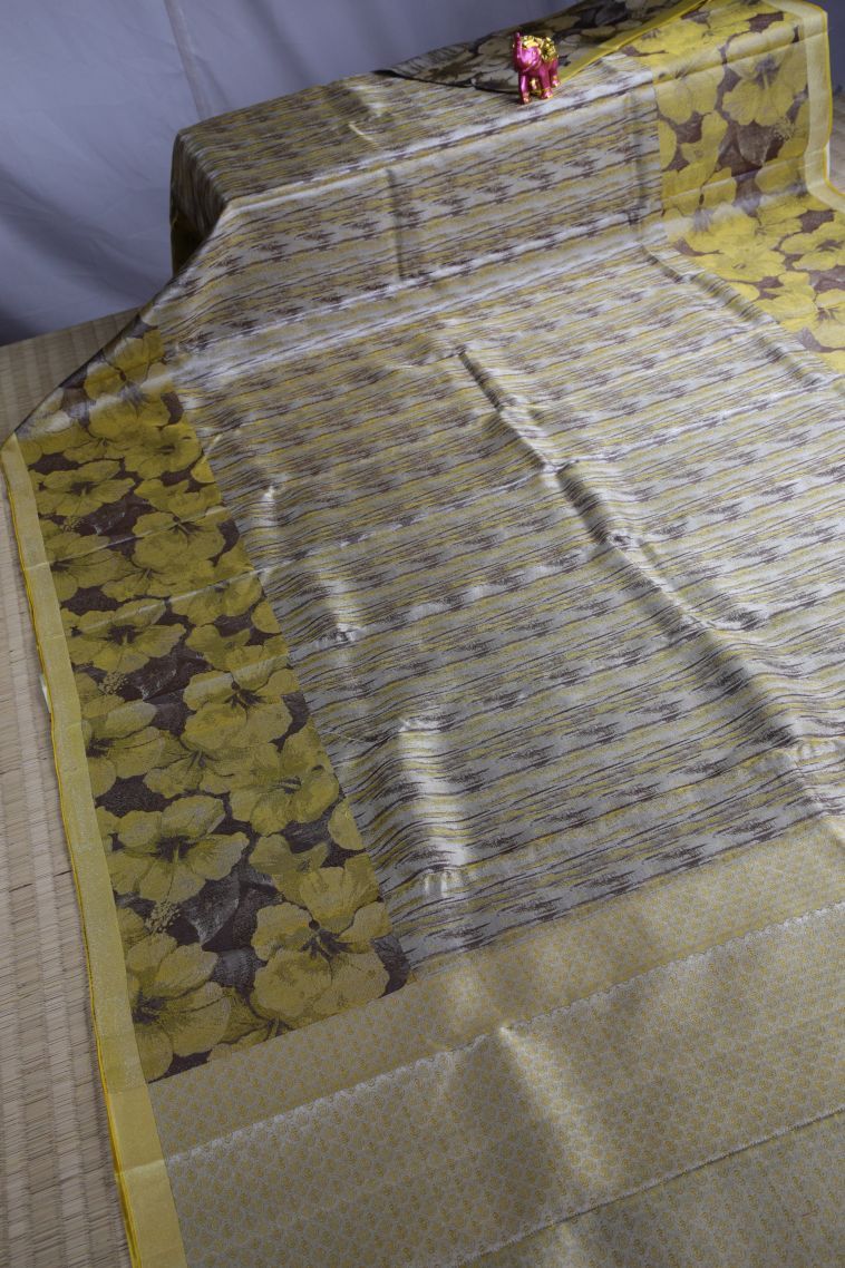 Granola Yellow Kanchipuram Silk Sarees with Gold And Silver Zari Floral Patterns view 2
