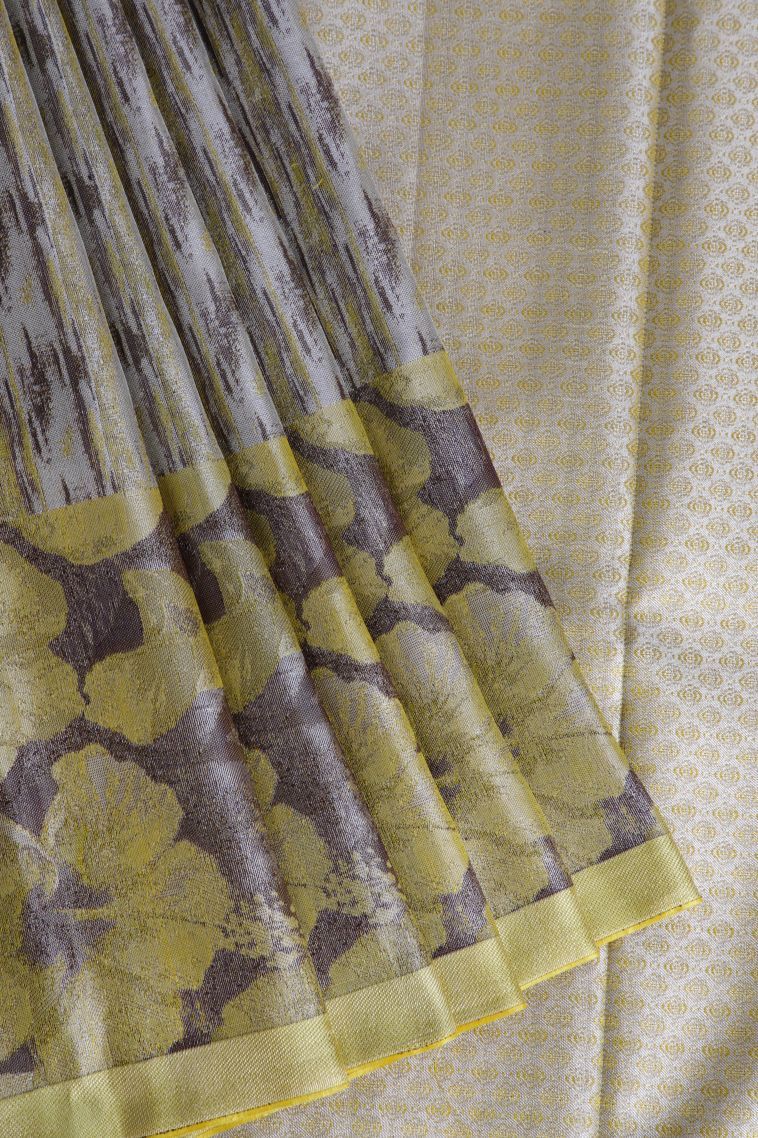 Granola Yellow Kanchipuram Silk Sarees with Gold And Silver Zari Floral Patterns view 1