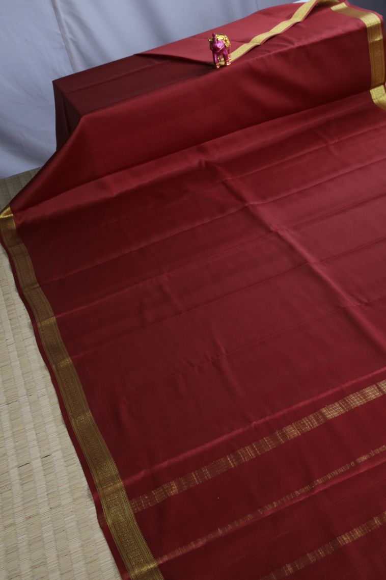 Lipstick Red Mysore Silk with Gold Zari Plain view 2