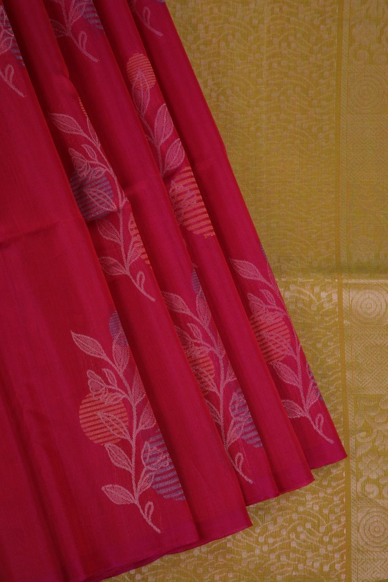 Candy Red Silk Cotton Sarees with Silver Zari Floral Patterns view 1