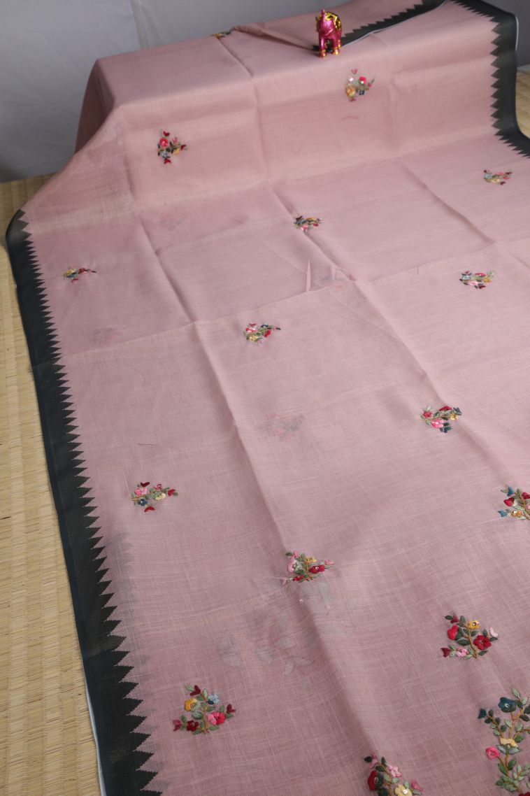 Lemonade Pink Linen Saree with Without Zari Zari Floral Patterns view 2